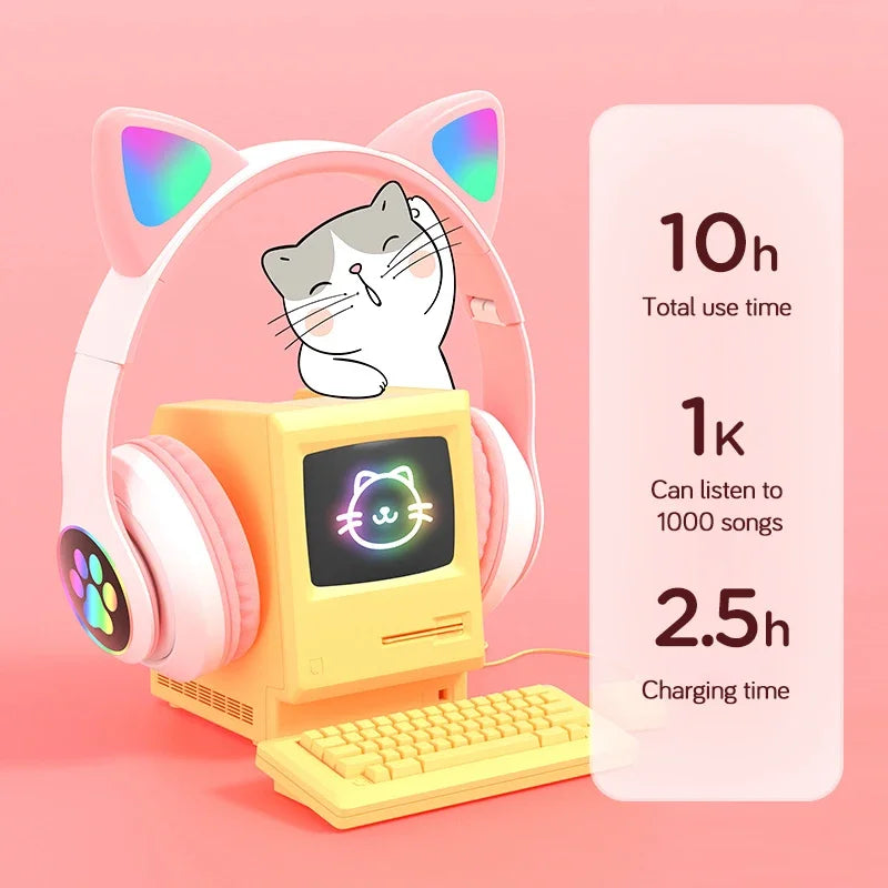 Kids Wireless Cat Ear Headphones With LED Lights & Mic