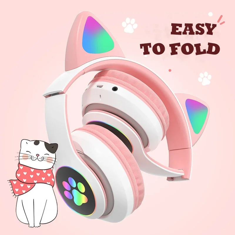 Kids Wireless Cat Ear Headphones With LED Lights & Mic