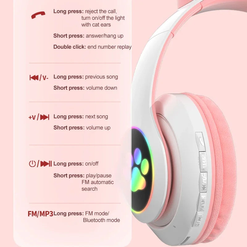 Kids Wireless Cat Ear Headphones With LED Lights & Mic